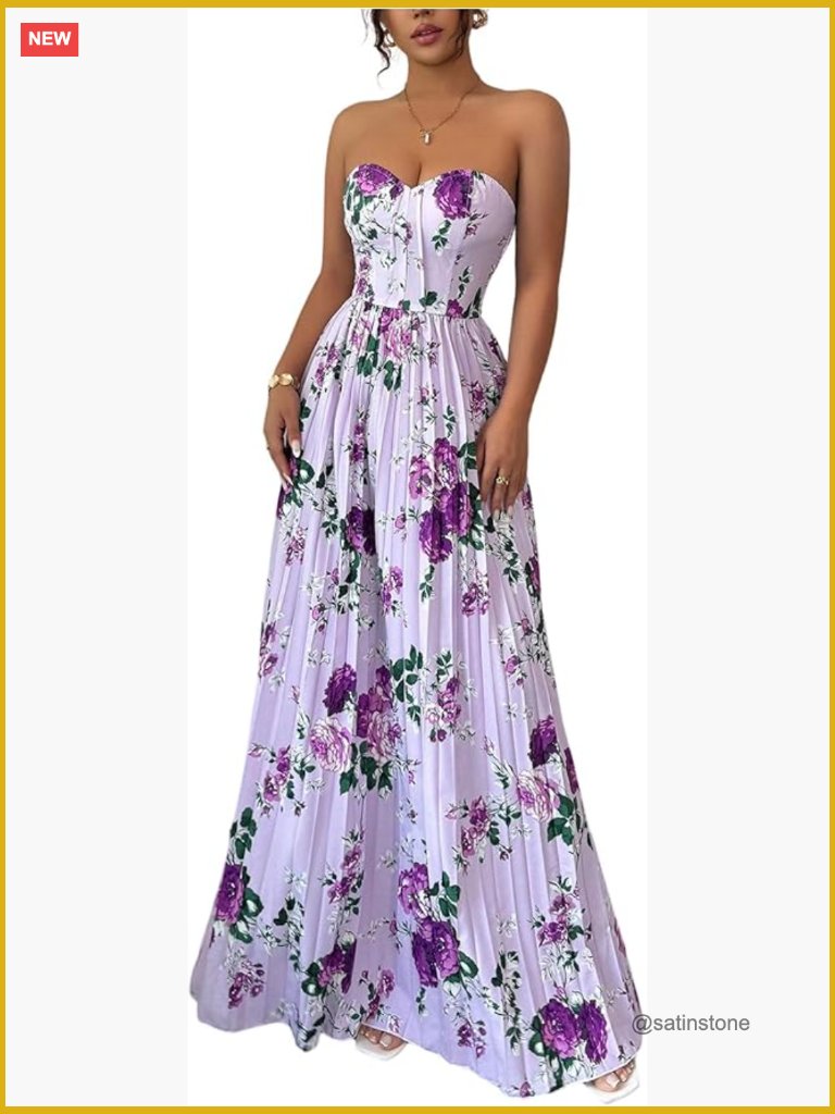 Sleeveless Tube Floral Pleated A-Line Maxi Summer Wedding Guest Dress